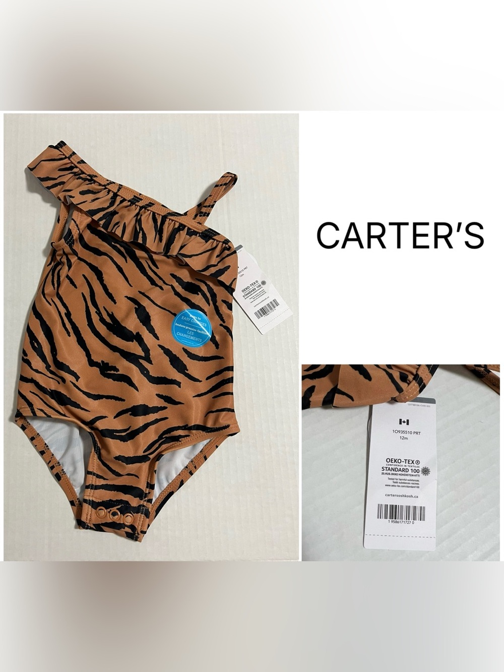 CARTER’S - 12M - NWT - INFANT GIRLS - UPF 50+ TIGER STRIPE SWIMSUIT / SWIMWEAR